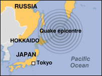 Kaartje zeebeving Japan