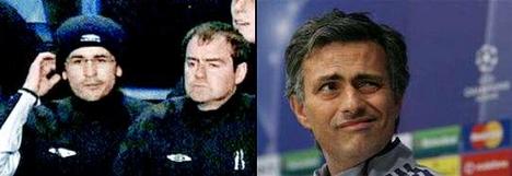 Rui Faria met muts (links) en coach Mourinho